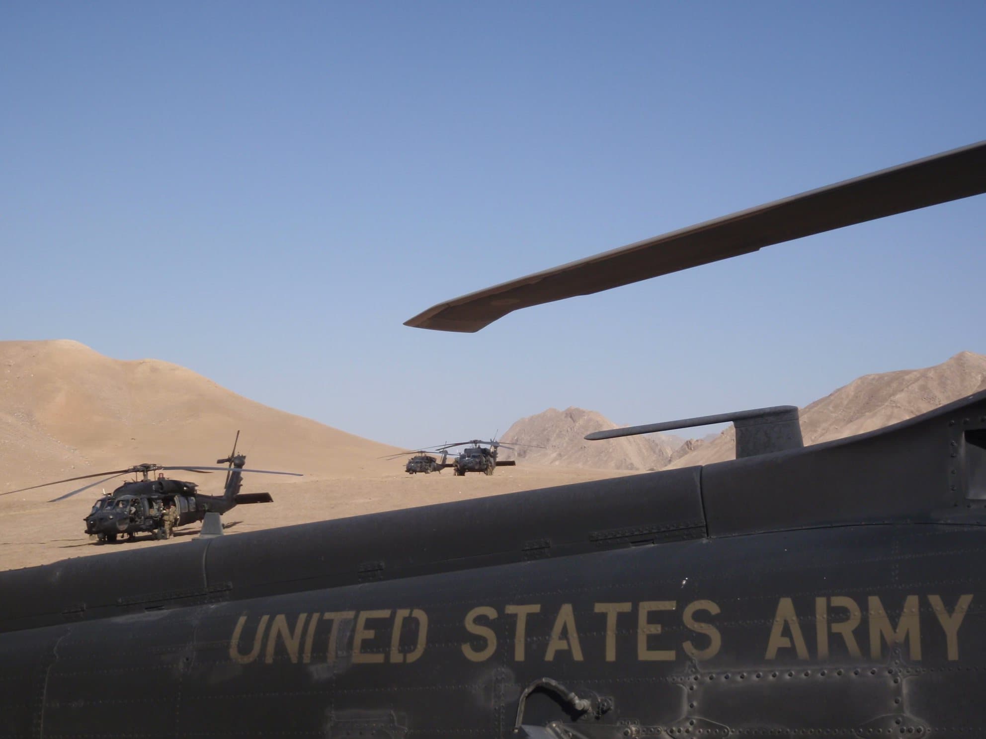 A U.S. Army helicopter on the flight line